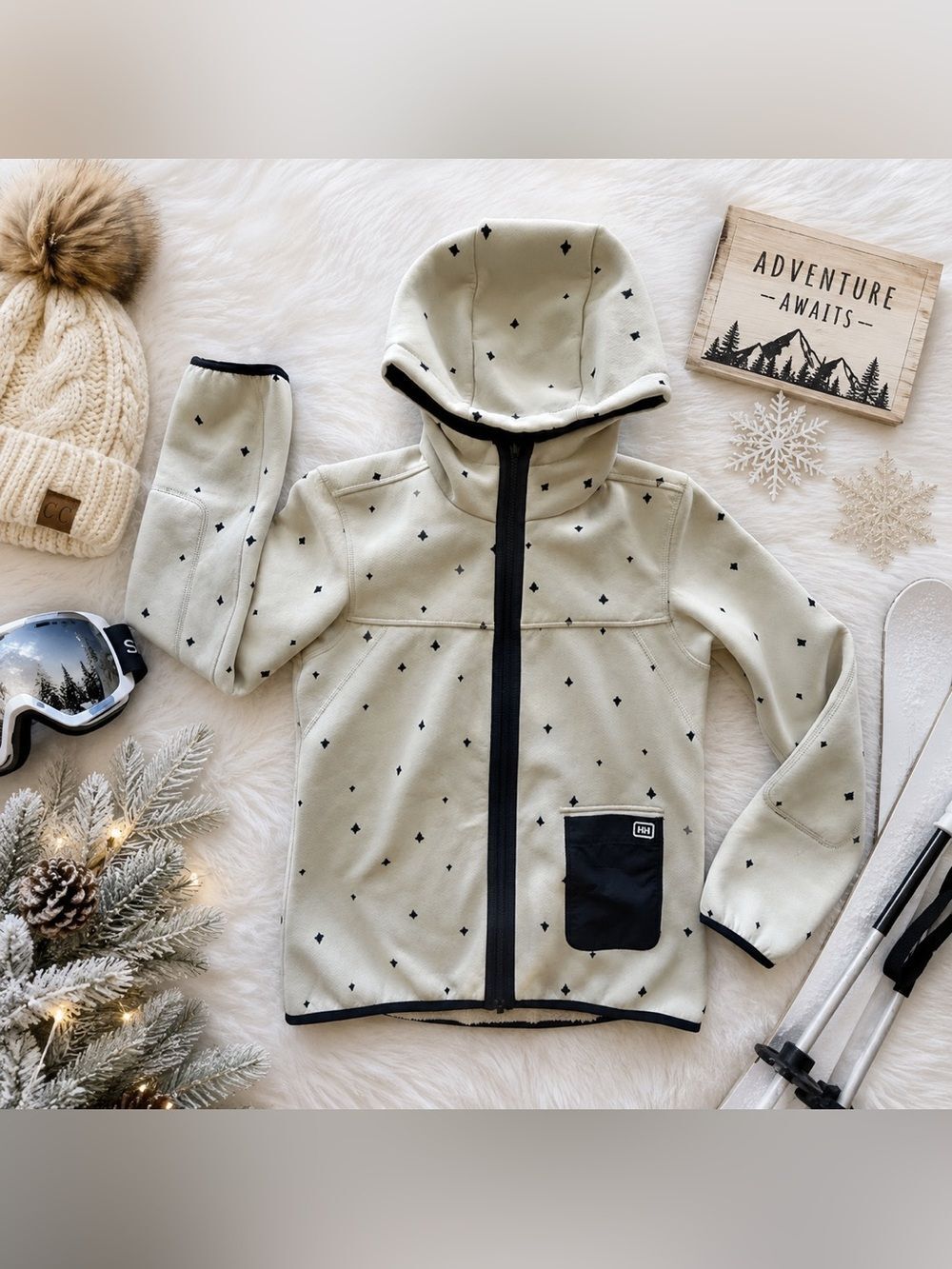 Helly Hansen Reversible Hooded Jacket Cream Navy Print Full Zip